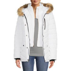 Swiss Tech Women's Bibbed Solarball Puffer Coat with Faux Fur Trimmed Hood